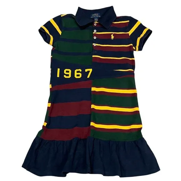 RALPH LAUREN Striped Mesh Rugby Type Polo Dress Drop Waist 1967 Cotton Sz 6